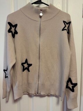 Beige Star Zip-Front Women's Sweater